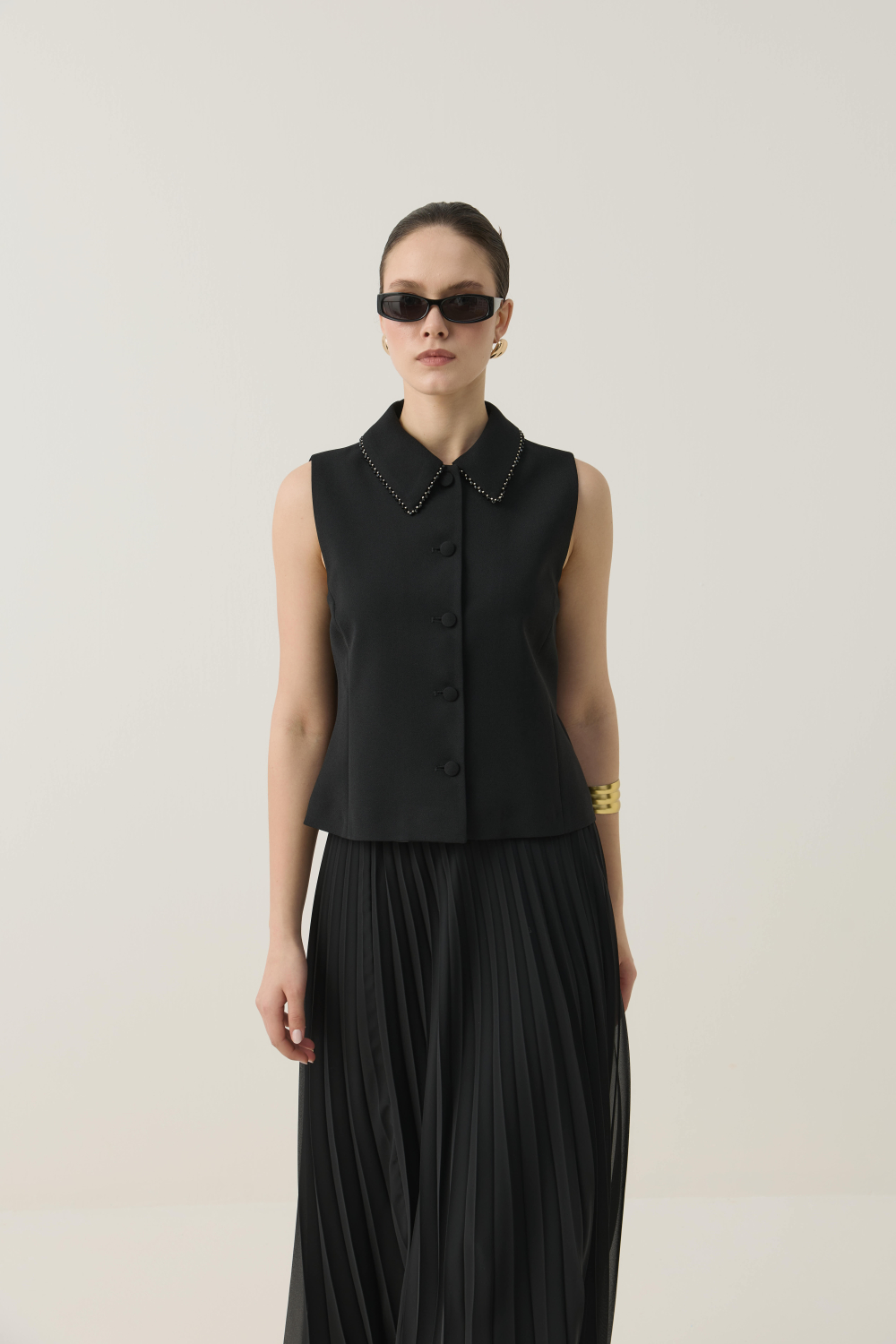 TAŞ İŞLEME DETAYLI YELEK TAKIM SİYAH - 4