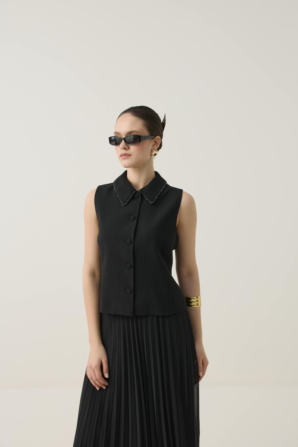 TAŞ İŞLEME DETAYLI YELEK TAKIM SİYAH - 5