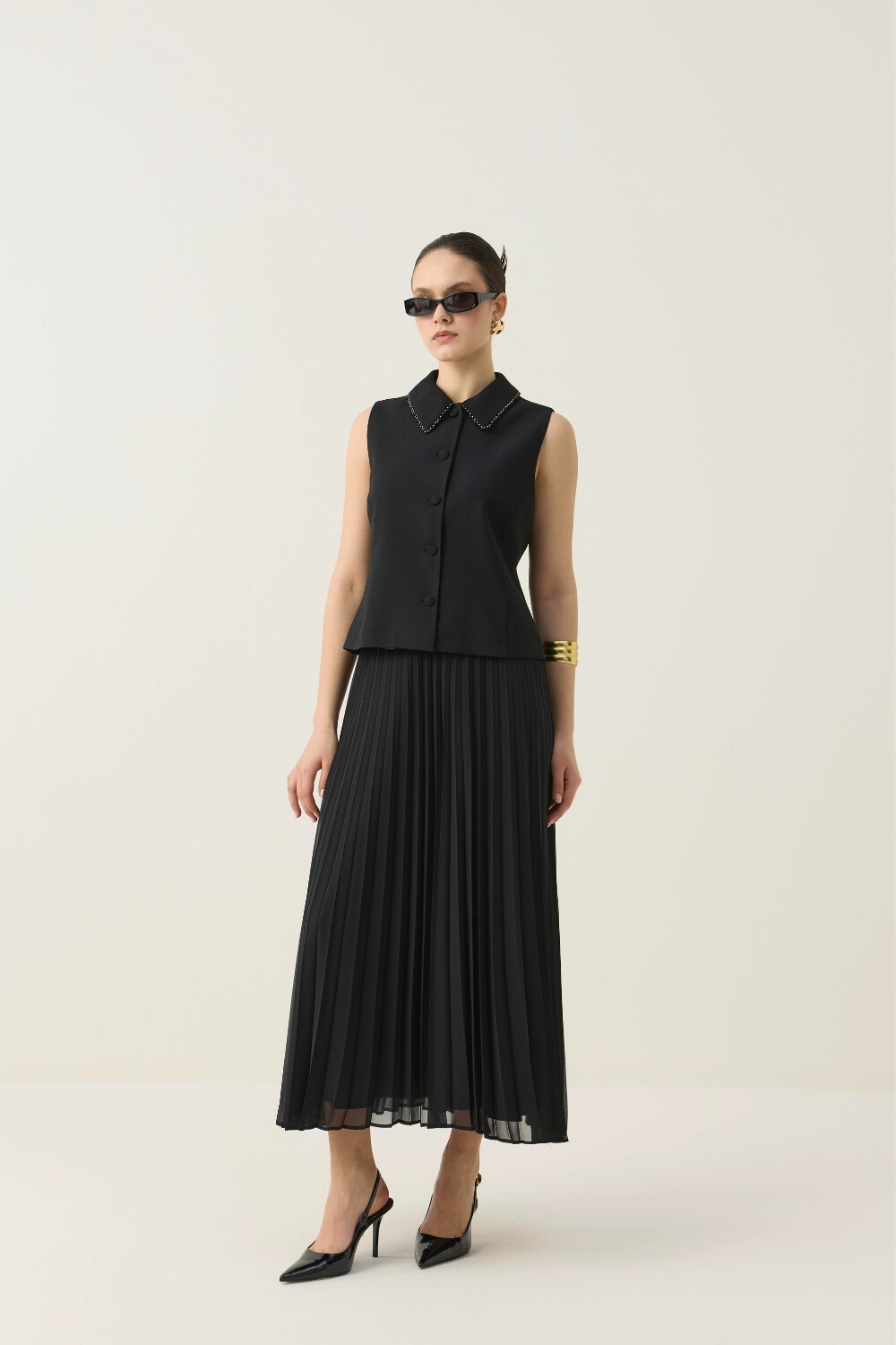 TAŞ İŞLEME DETAYLI YELEK TAKIM SİYAH - 6