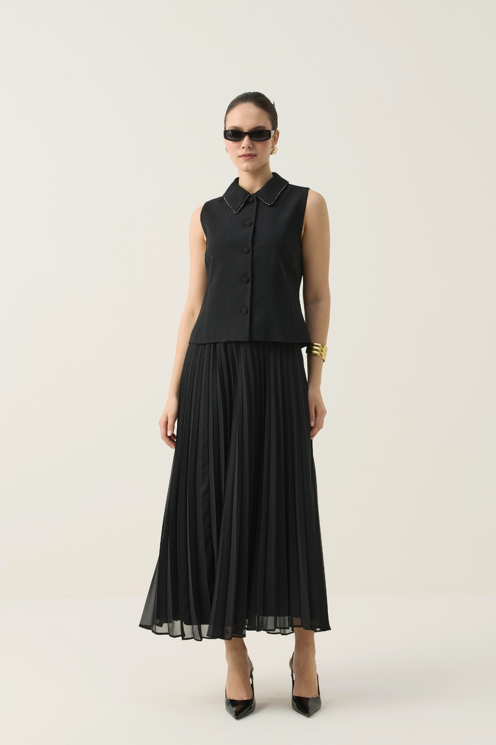 TAŞ İŞLEME DETAYLI YELEK TAKIM SİYAH - 1