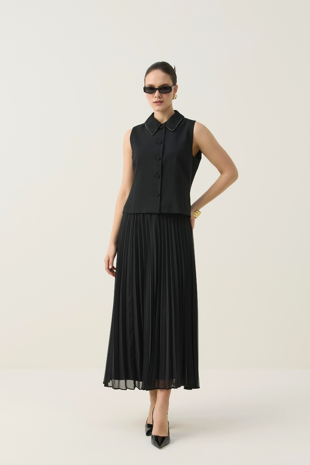 TAŞ İŞLEME DETAYLI YELEK TAKIM SİYAH - 7