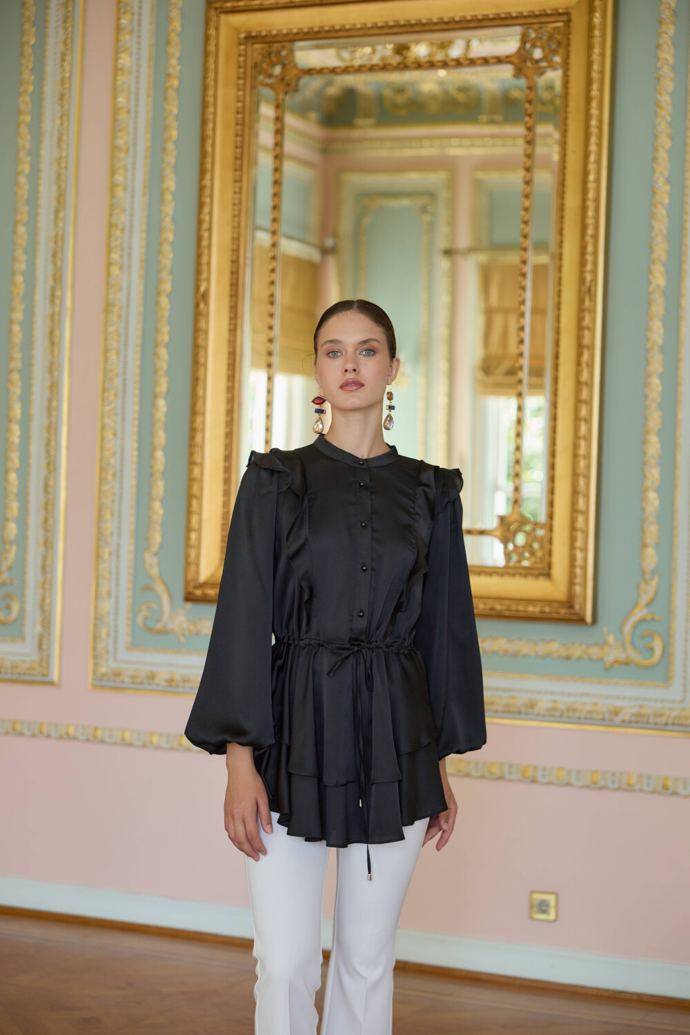 VOLAN SATEN TUNİK SİYAH - 